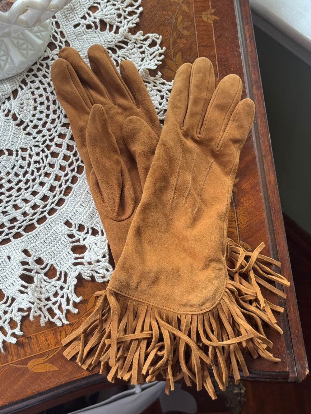 Ralph Lauren Purple Label - Suede/Cashmere Cognac Fringe Gloves